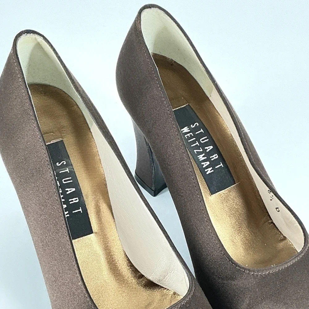 Stuart Weitzman Size 6.5 Brown Satin Square Toe Block Heel Pumps